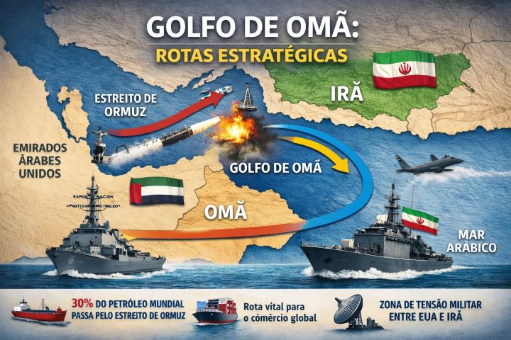 Mapa ilustrativo do Golfo de Omã com setas coloridas indicando rotas de petróleo, comércio e movimentações militares entre Irã, Omã e Emirados Árabes Unidos.