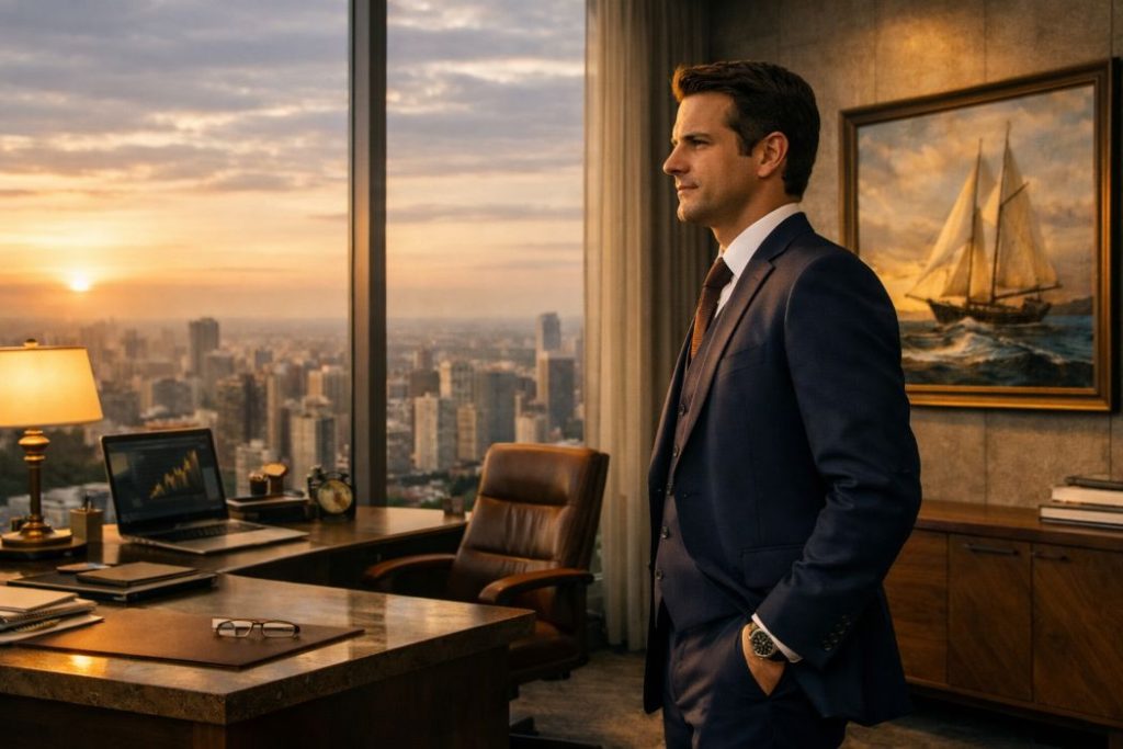 oaquim Pereira O’Malley em seu escritório executivo, contemplando o horizonte urbano ao entardecer.