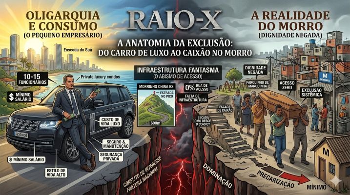 A Anatomia da Escassez: Por que o Brasil é Rico, mas a Nação Permanece Pobre e Fraca? Infográfico conceitual da Revista Raio-X dividindo duas realidades brasileiras: à esquerda, a opulência urbana e o consumo de luxo; à direita, o luto e a severa falta de infraestrutura e mobilidade nos morros de Vitória, Espírito Santo.