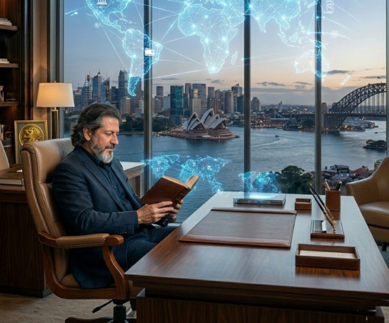 CARTA AO EMPRESÁRIO: A NATUREZA DA SUA FUNÇÃO E O DOMÍNIO DO MERCADO "Lauro Nunes, estrategista e empresário, sentado em seu escritório em Sidney, lendo um livro enquanto analisa dados globais projetados em um mapa-múndi holográfico, transmitindo autoridade, tecnologia e liderança global."
