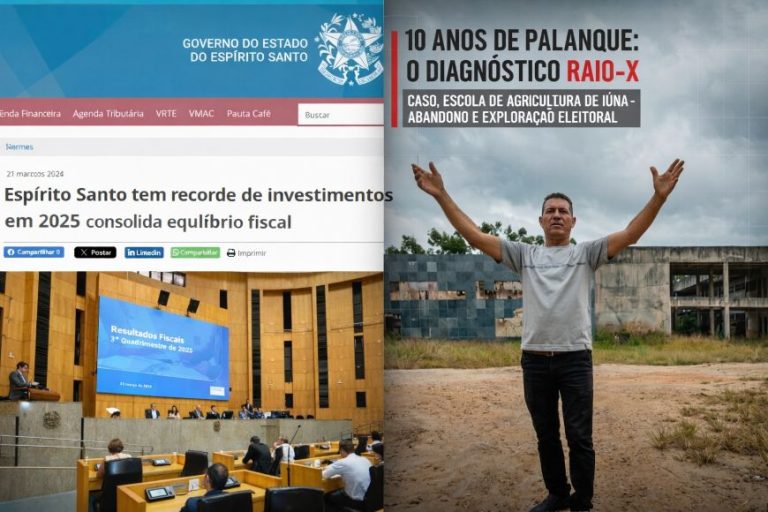 Espírito Santo aponta R$ 5,1 bilhões em investimentos em 2025: relatório oficial detalha recorde histórico Imagem comparativa dividida em duas partes. À esquerda, print da página da SEFAZ-ES com a manchete "Espírito Santo tem recorde de investimentos em 2025 e consolida equilíbrio fiscal". À direita, o ativista Deude de Melo em frente à estrutura abandonada e em ruínas da Escola de Agricultura de Iúna, com a frase em destaque: "10 Anos de Palanque: O Diagnóstico RAIO-X – Caso Escola de Agricultura de Iúna: Abandono e Exploração Eleitoral".