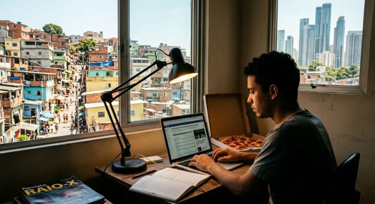 A Inteligência Sintética como Novo Cérebro do Poder e o Trabalhador como Engrenagem da Máquina Fotografia em ângulo de observação mostrando um jovem sentado em uma mesa de trabalho, à noite, usando um laptop iluminado por uma luminária de mesa. À sua frente, uma caixa de pizza aberta. Através da janela, observa-se o contraste entre a precariedade de uma comunidade periférica próxima e, ao longe, a imponência iluminada de arranha-céus corporativos. Sobre a mesa, destaca-se um exemplar da Revista RAIO-X.