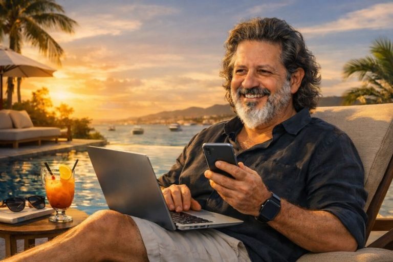 O CÓDIGO DA SOBERANIA DIGITAL Empresário moderno relaxando à beira da piscina com notebook e celular, representando o conceito de Soberania Digital — equilíbrio entre tecnologia, liberdade e qualidade de vida.