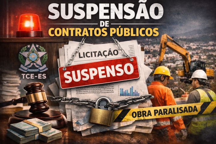 TCE-ES SUSPENDE ATAS MILIONÁRIAS DO CIM POLO SUL — R$ 213,8 MILHÕES EM RISCO: QUEM SÃO OS MUNICÍPIOS AFETADOS? Arte mostrando suspensão de licitação com martelo de justiça, documentos acorrentados, cédulas de dinheiro, trabalhadores de obra ao fundo e selo do TCE-ES, com as inscrições "Licitação Suspenso" e "Obra Paralisada"