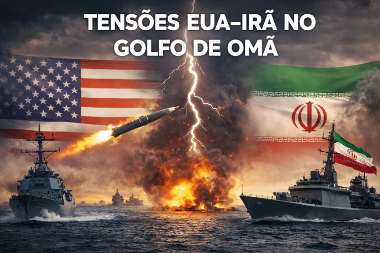 EUA NEGAM, IRÃ AFIRMA: O XADREZ GEOPOLÍTICO NO GOLFO DE OMÃ QUE PODE DESMONTAR O CESSAR-FOGO Navios de guerra dos Estados Unidos e do Irã se enfrentam no Golfo de Omã, separados por um raio e bandeiras nacionais, simbolizando o conflito geopolítico.