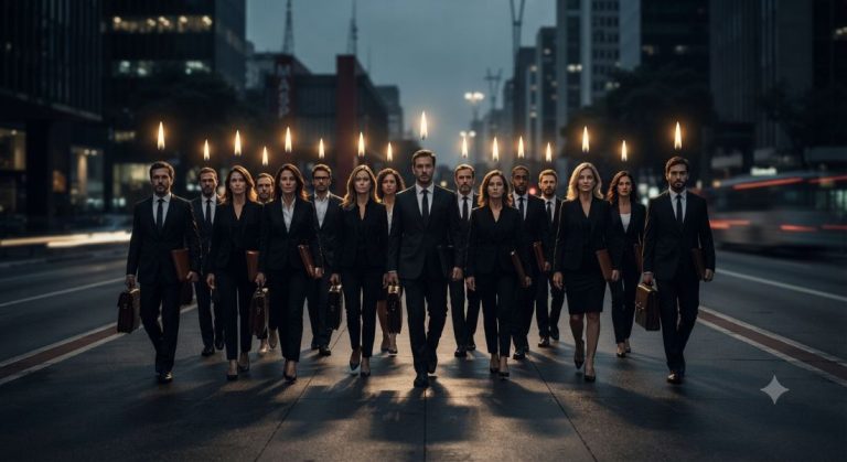 A Harmonia Oculta: Por que a Luz Não Vence a Escuridão pela Força Fotografia aérea noturna e horizontal da Avenida Paulista, em São Paulo, completamente tomada por uma multidão de milhões de pessoas. Acima da cabeça de cada pessoa, flutua uma pequena chama de vela. No primeiro plano, um grupo de líderes, incluindo Lauro Nunes, lidera a procissão. A única iluminação vem das velas e de algumas janelas de escritórios.