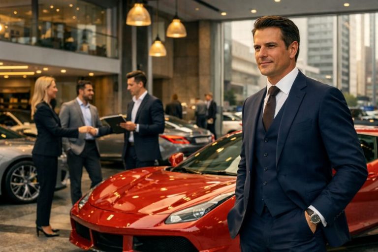 Joaquim Pereira O’Malley em sua agência de veículos premium na Avenida Paulista, posando elegantemente em alfaiataria ao lado de uma Ferrari vermelha.
