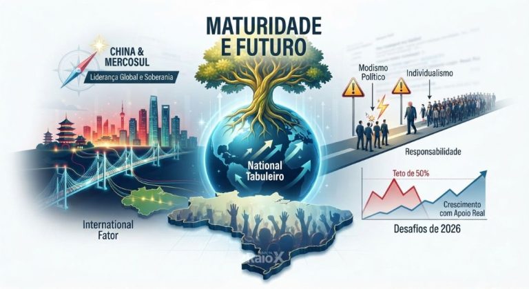 Maturidade e Futuro: O Tabuleiro Nacional, o Fator Internacional e os Desafios de 2026 Infográfico político complexo da Revista Raio X intitulado "Maturidade e Futuro", ilustrando o equilíbrio global do Brasil, o teto da direita e o cenário eleitoral de 2026.